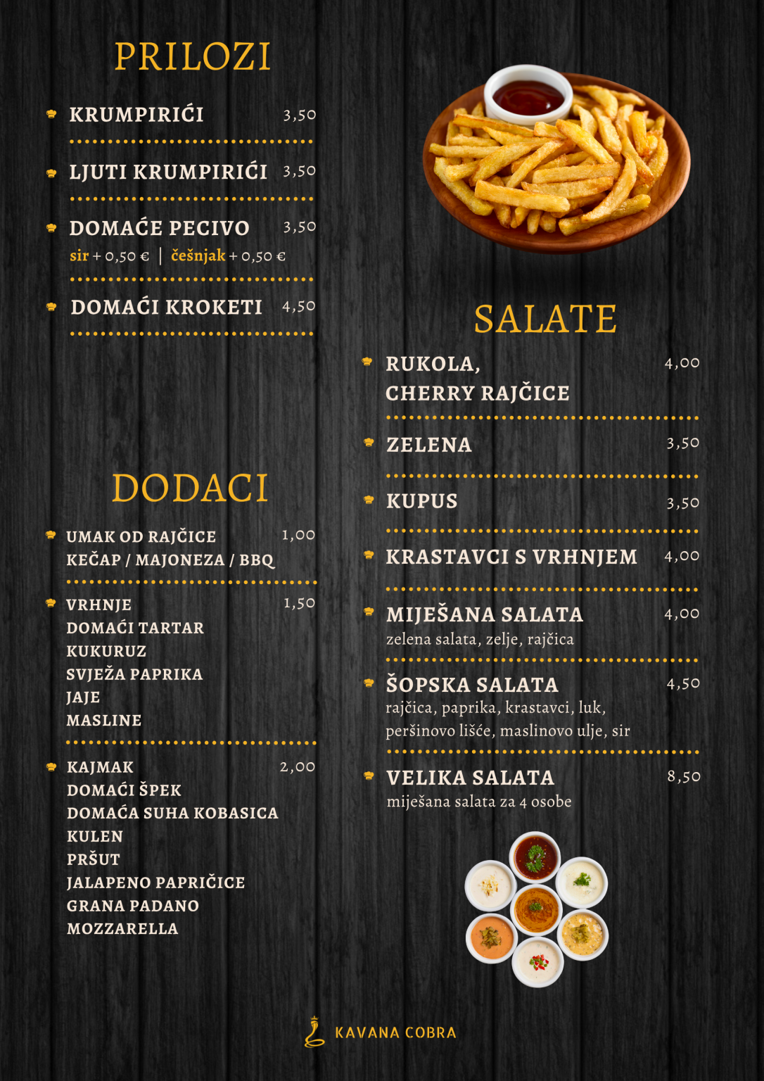 a menu with salads and extras