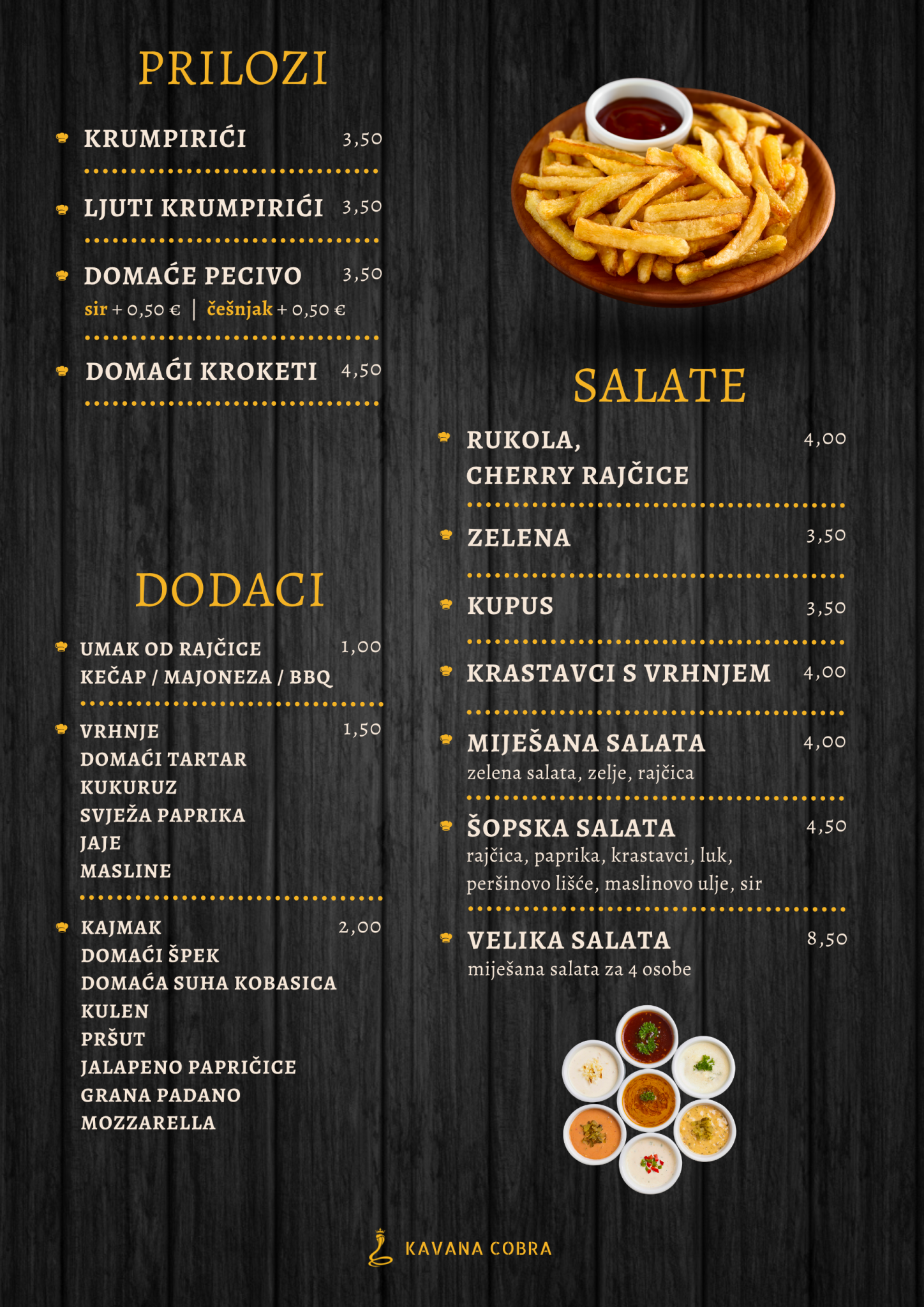a menu with salads and extras