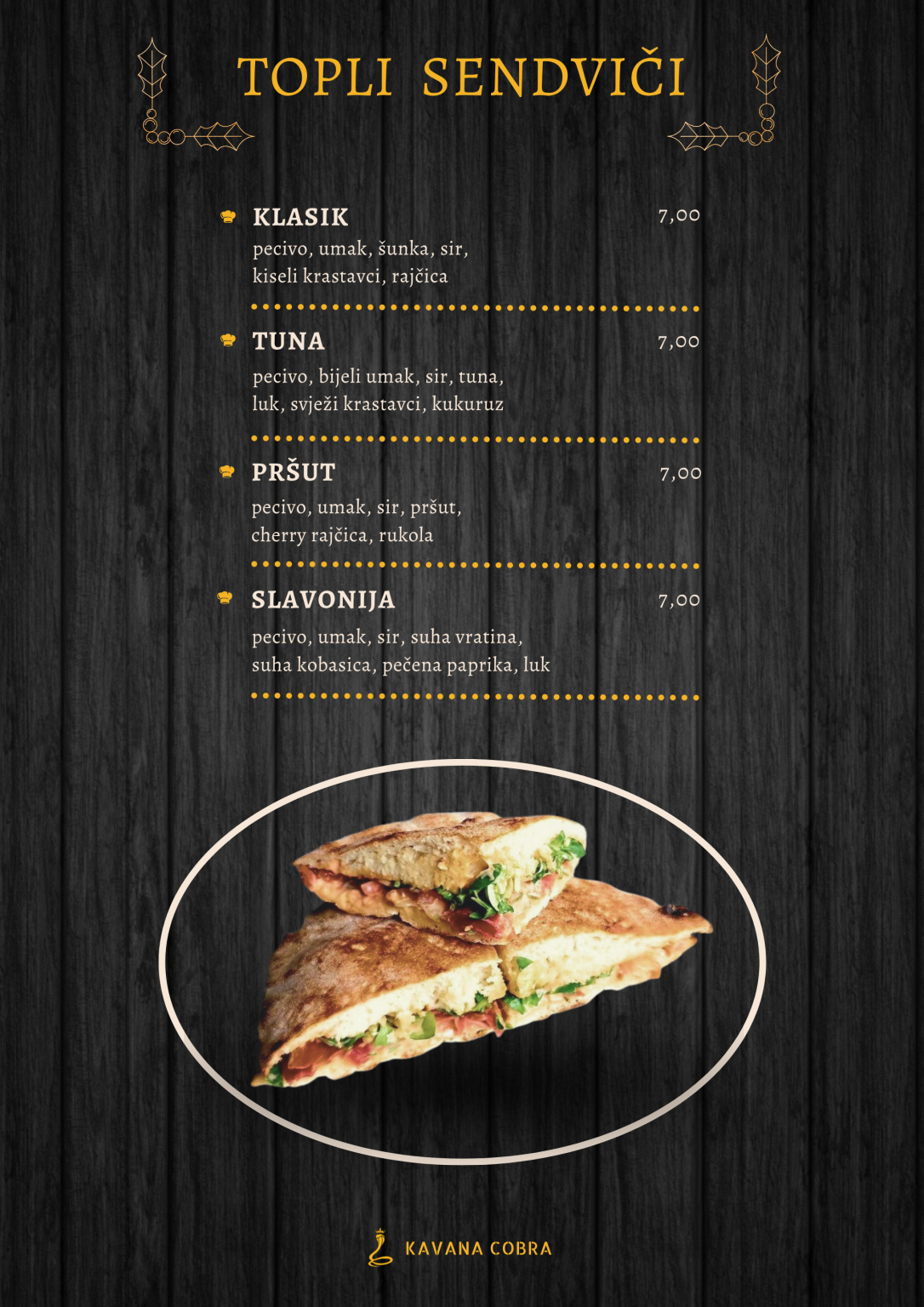 a menu with sandwiches