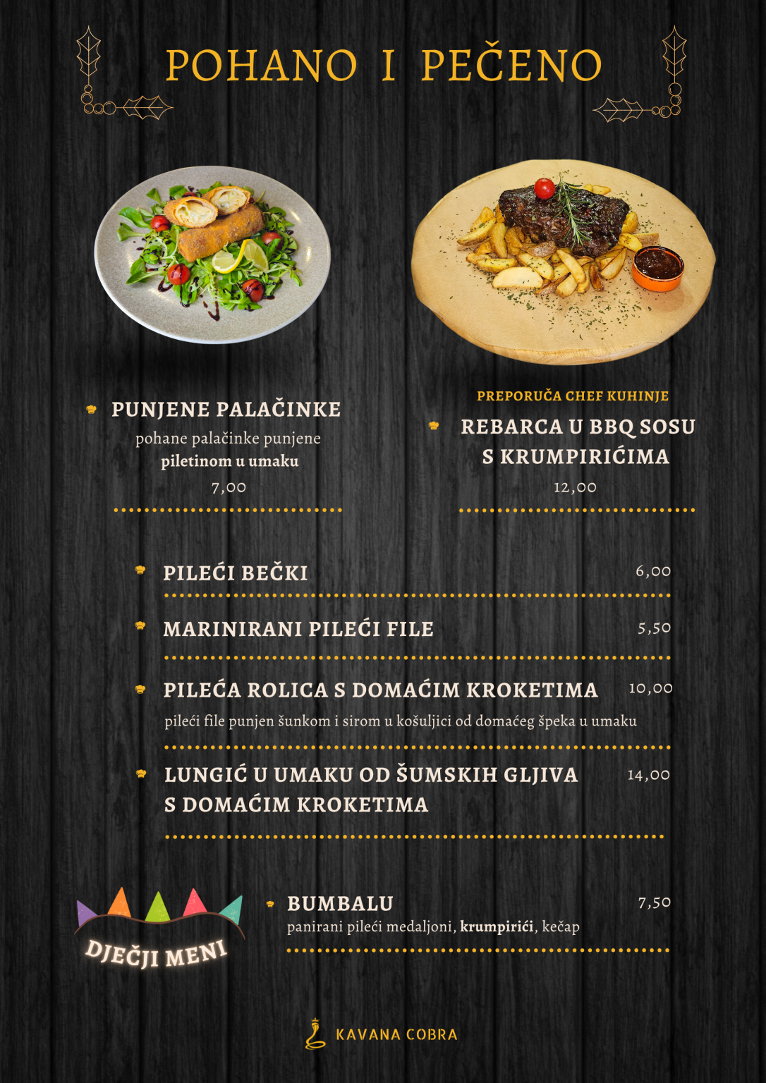 a menu with dishes