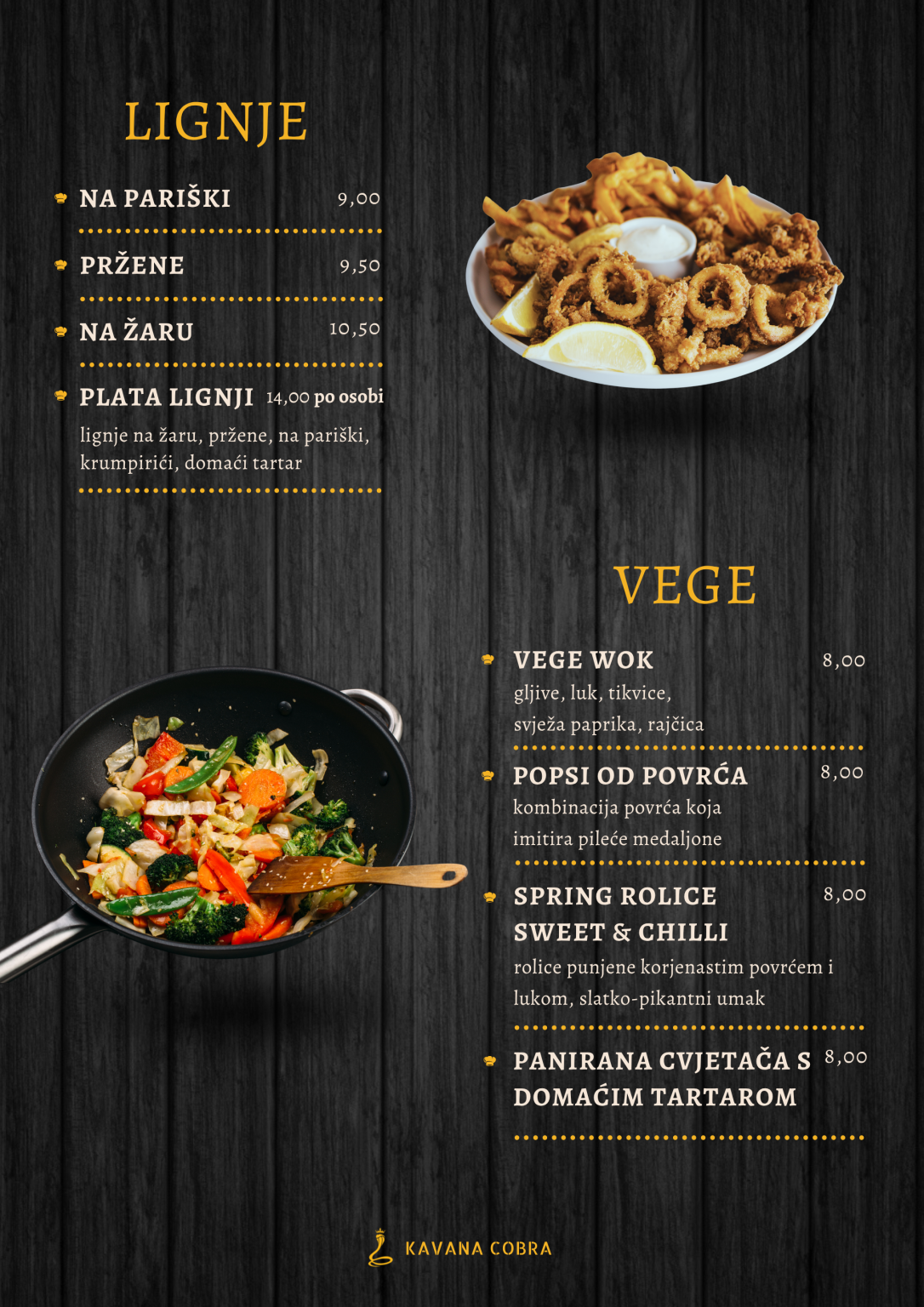 a menu with VEGE dishes