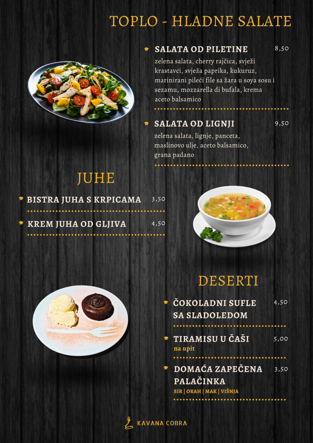 a menu with soup and deserts